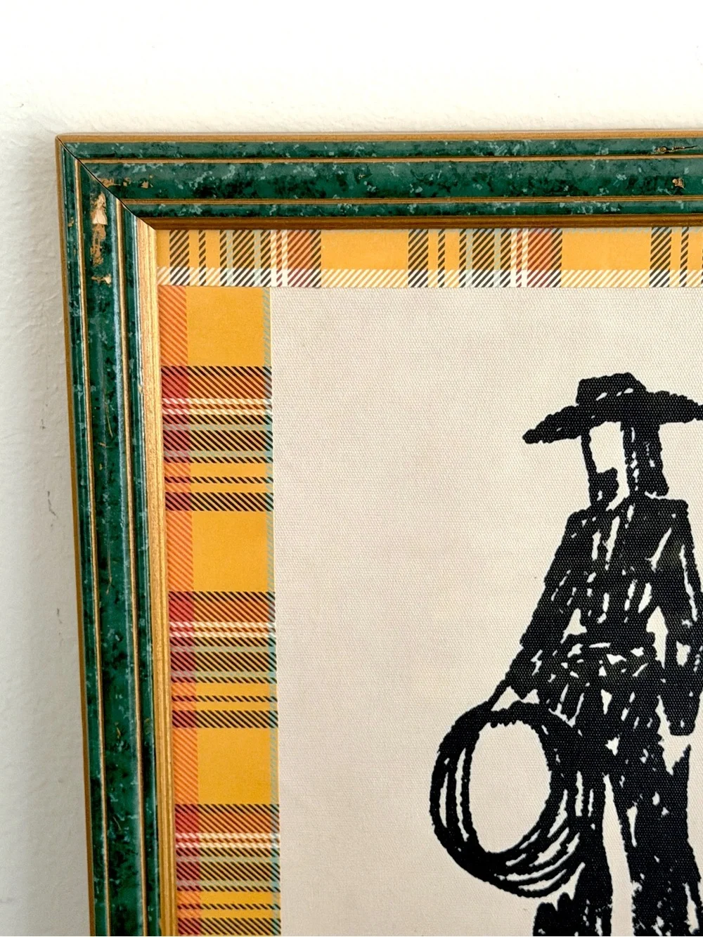 Cowgirl Line Drawing Rodeo Lasso Cowboy Hat Canvas Art Print Plaid Green Framed